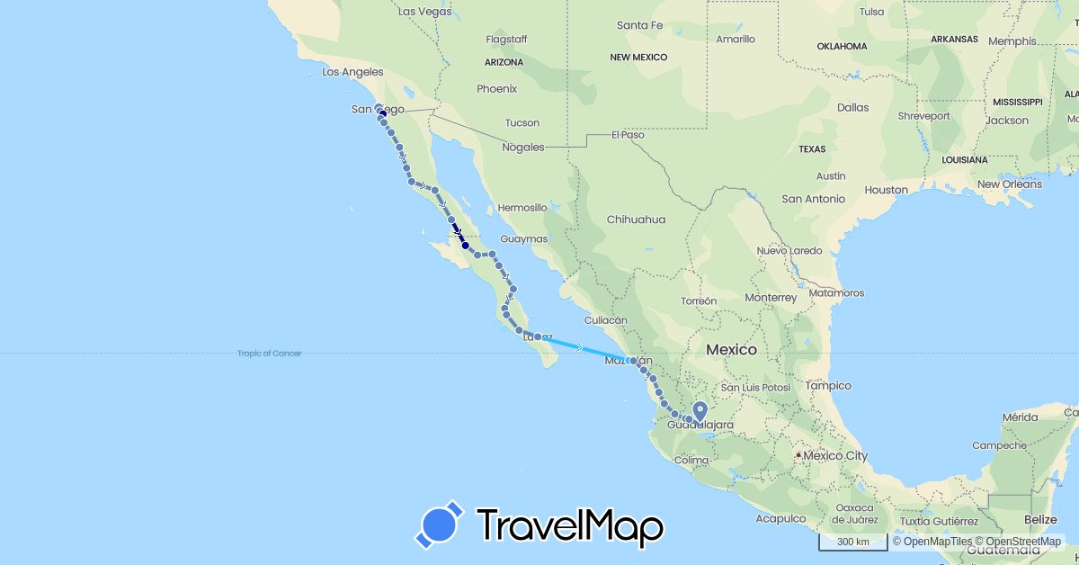 TravelMap itinerary: driving, cycling, boat in Mexico, United States (North America)